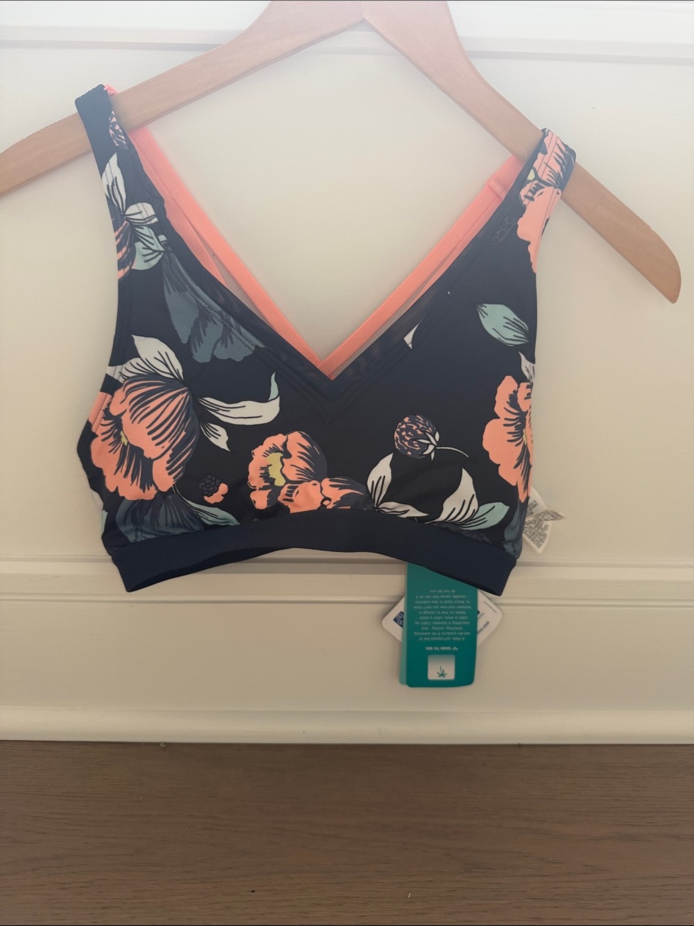 Roxy Navy Floral V-Neck Swim Bralette with Coral Accents